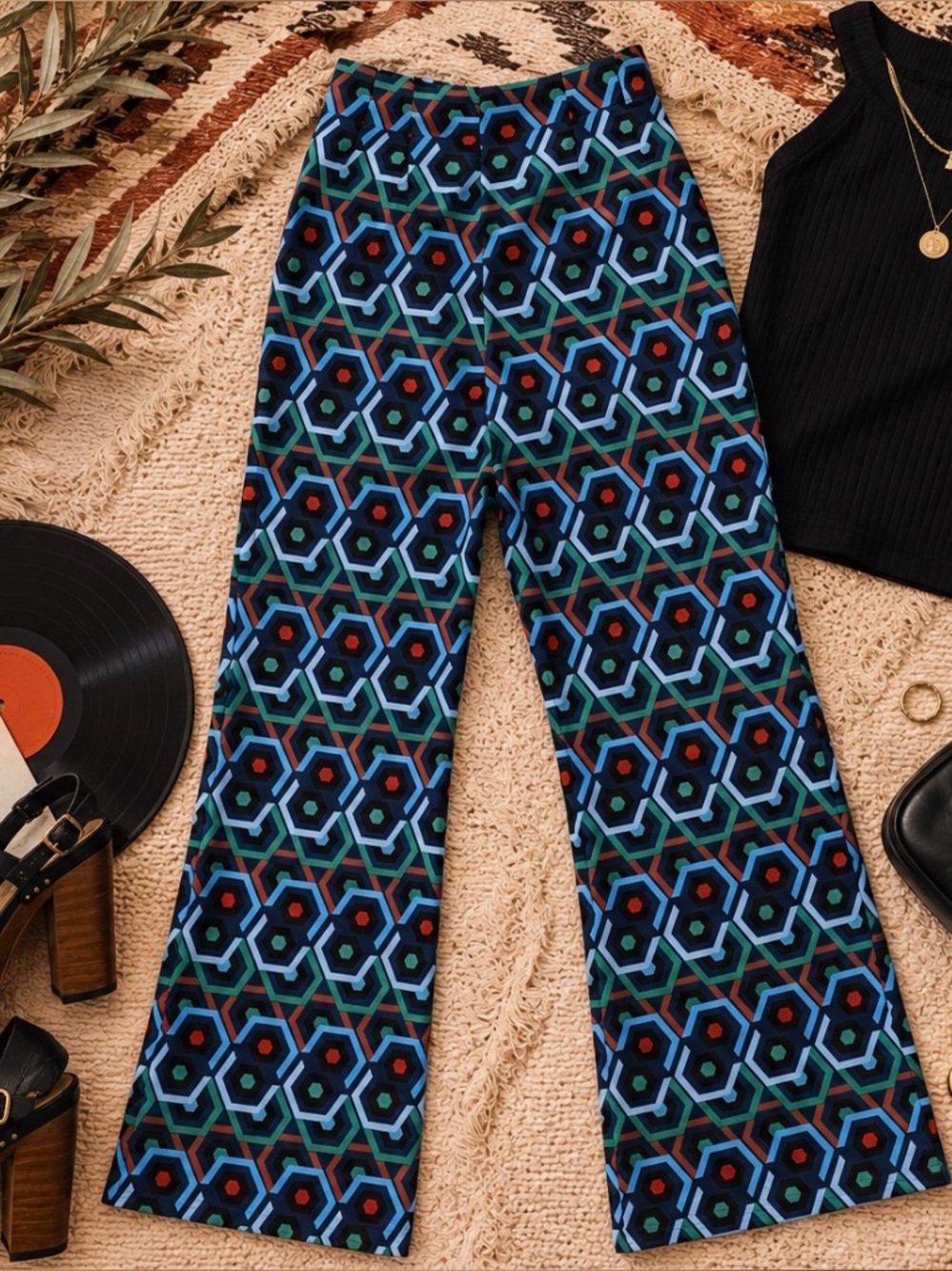 Zara Basic High Rise Geometric Print Flare Leg Pant Retro 70’s Inspired - Picture 3 of 6